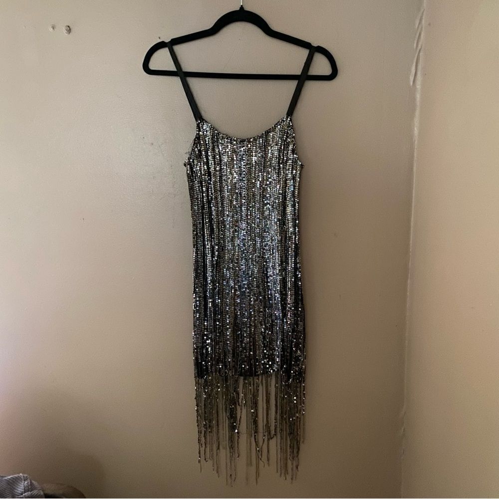 AMEN silver fringe dress black silver mini beaded cocktail party S New $1755 - Picture 11 of 14